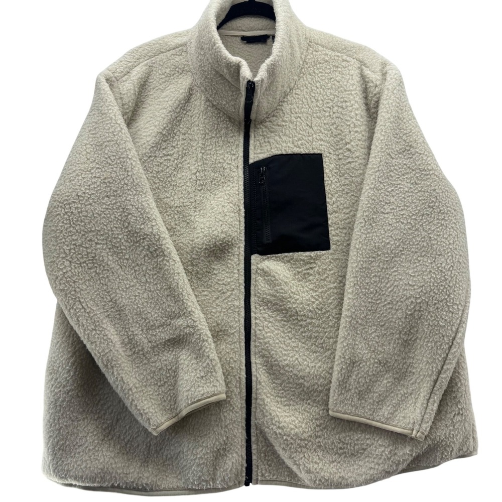 Esmera Women's L Beige Black Fleece Jacket‎ Full Zip Pocket Cozy Warm Casual NWT